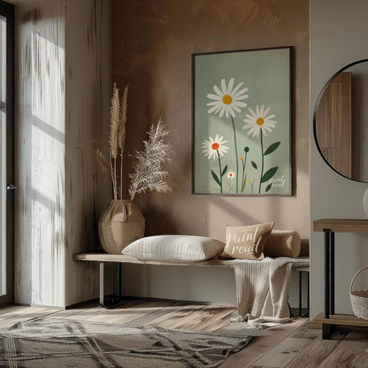 This charming digital illustration features three white daisies with warm yellow and orange centers… for entryway