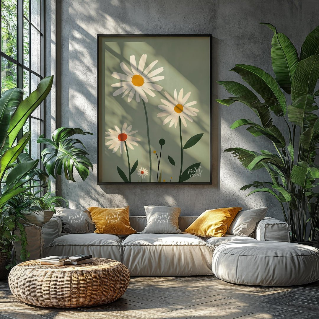 This charming digital illustration features three white daisies with warm yellow and orange centers… for living room