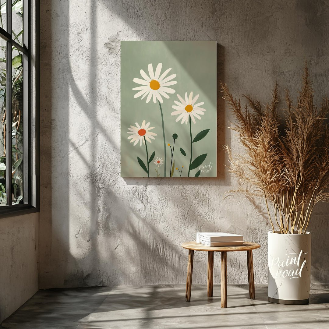 This charming digital illustration features three white daisies with warm yellow and orange centers… for living room