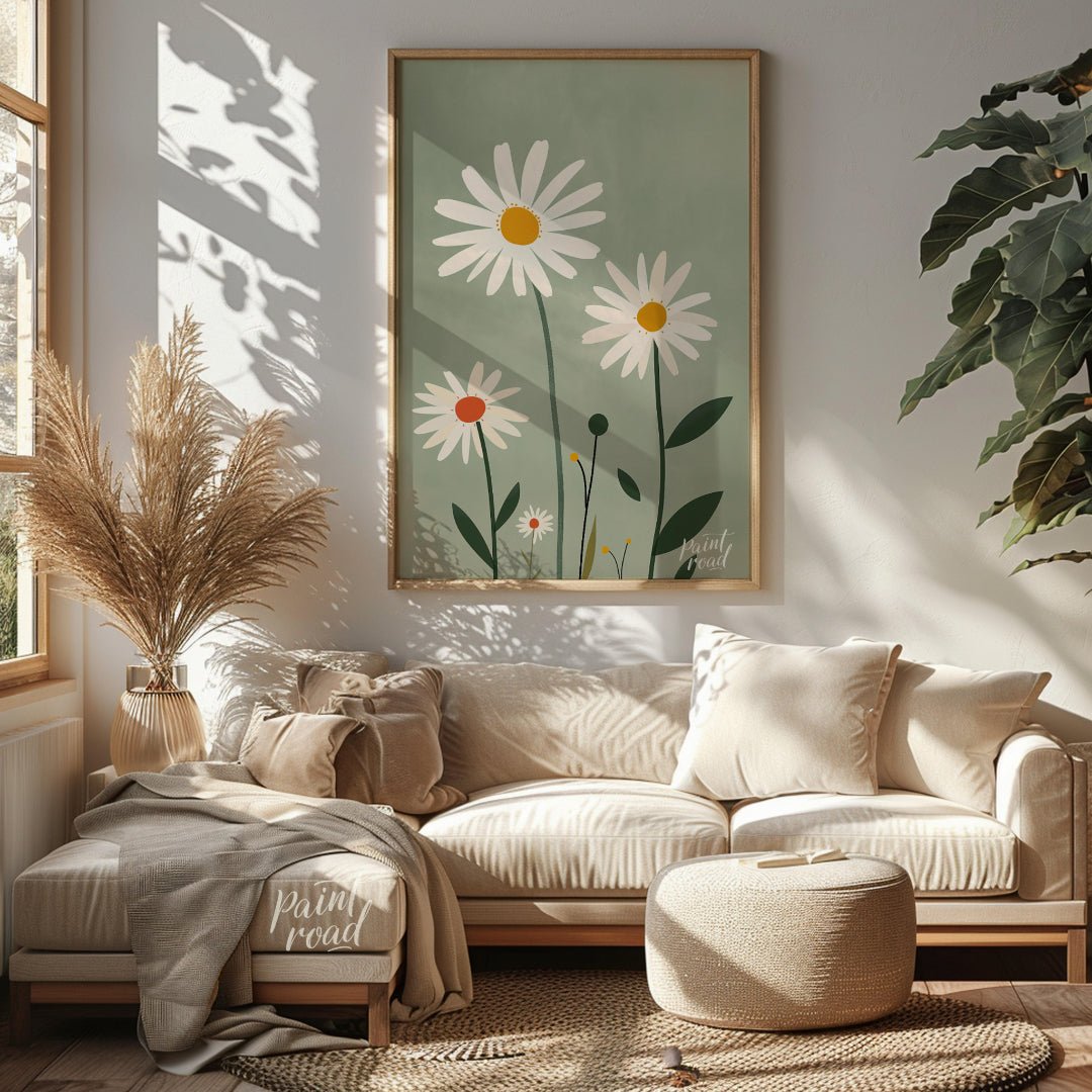 This charming digital illustration features three white daisies with warm yellow and orange centers… for living room