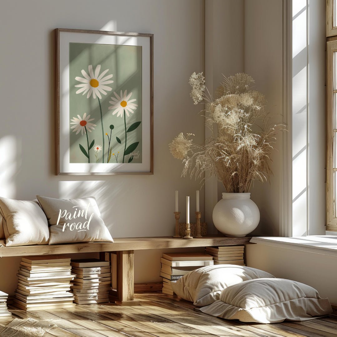 This charming digital illustration features three white daisies with warm yellow and orange centers… for living room