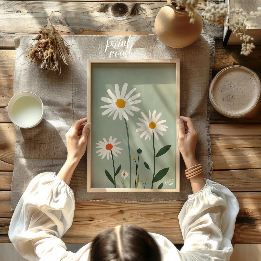 This charming digital illustration features three white daisies with warm yellow and orange centers… for other