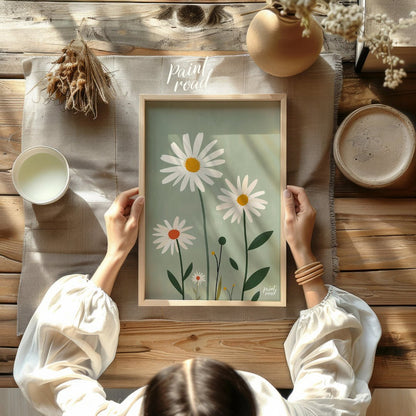 This charming digital illustration features three white daisies with warm yellow and orange centers… for other