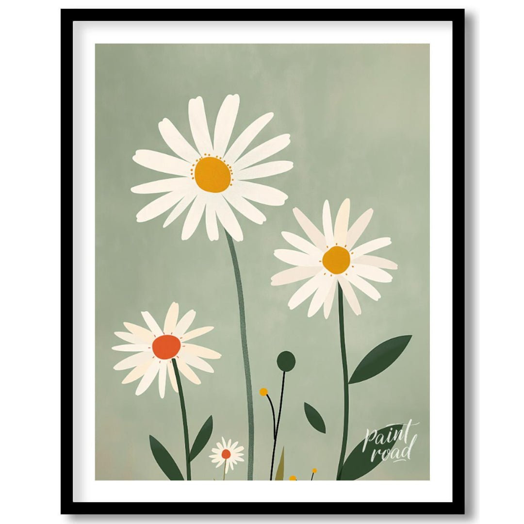 This charming digital illustration features three white daisies with warm yellow and orange centers… for place