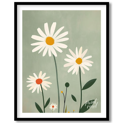 This charming digital illustration features three white daisies with warm yellow and orange centers… for place