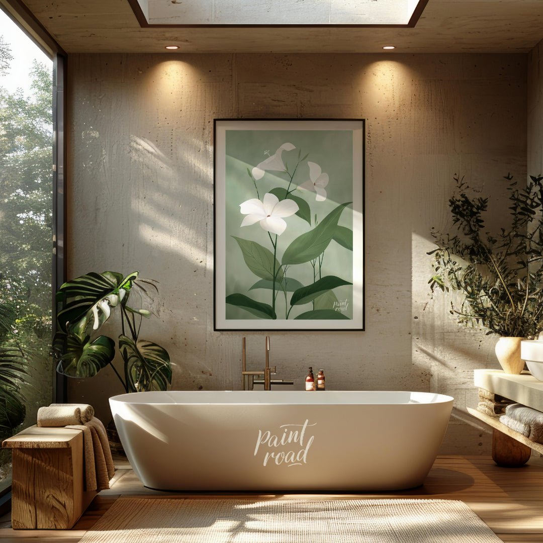 This elegant digital illustration features three white flowers with delicate petals, set against a … for bathroom