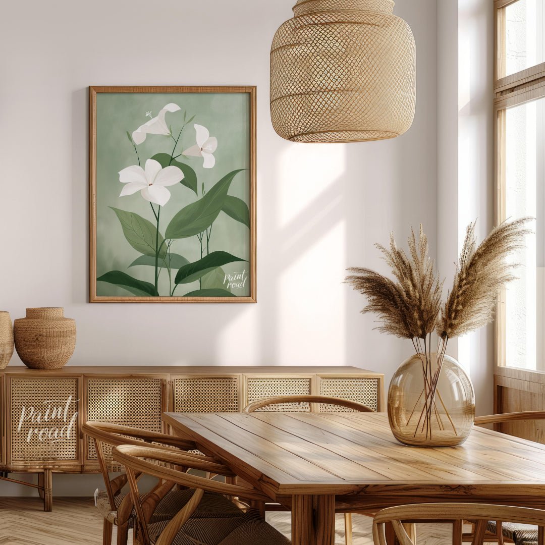 This elegant digital illustration features three white flowers with delicate petals, set against a … for dining room