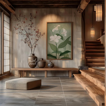 This elegant digital illustration features three white flowers with delicate petals, set against a … for entryway