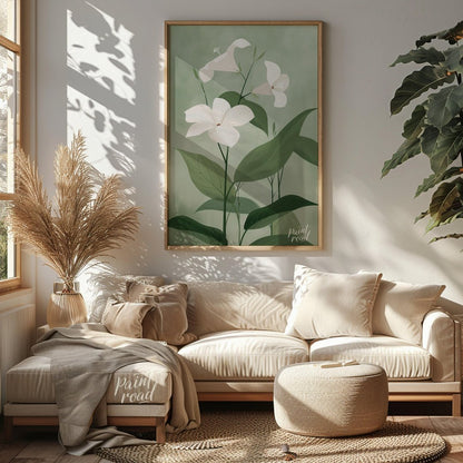 This elegant digital illustration features three white flowers with delicate petals, set against a … for living room