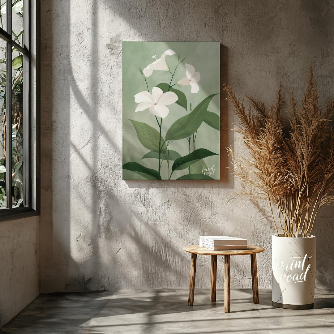 This elegant digital illustration features three white flowers with delicate petals, set against a … for living room