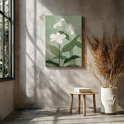 This elegant digital illustration features three white flowers with delicate petals, set against a … for living room