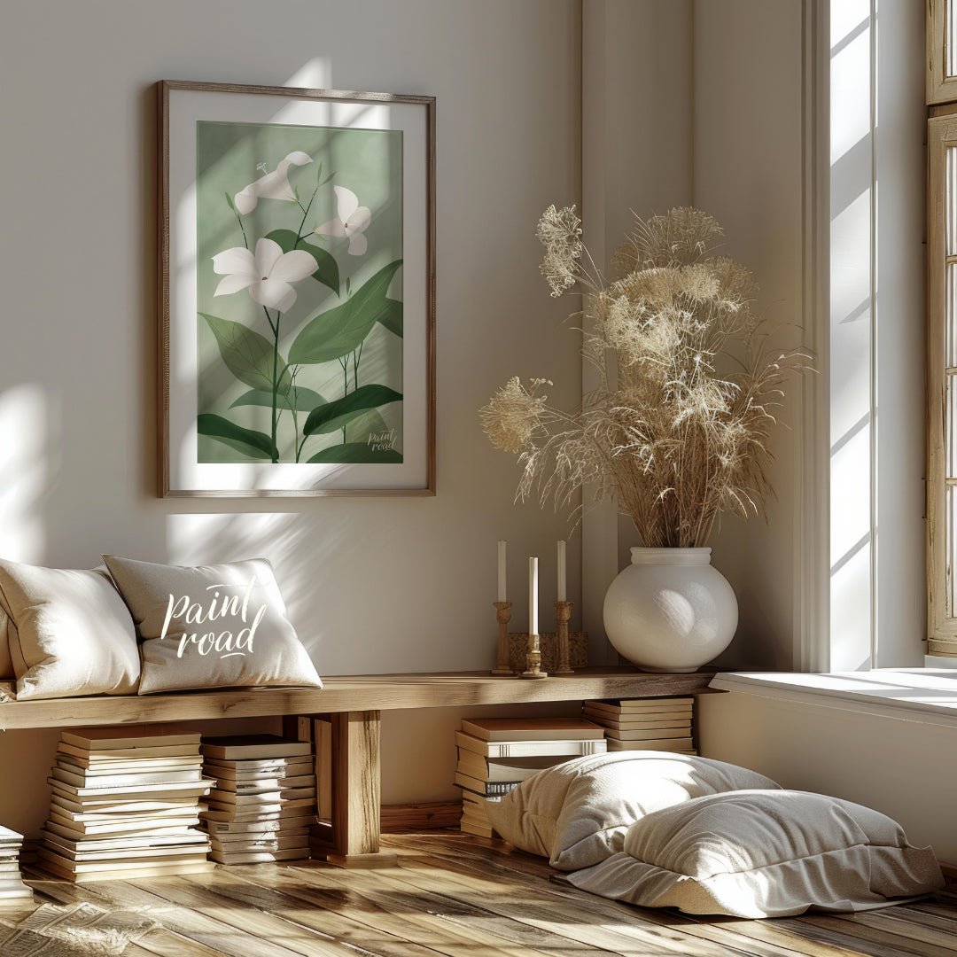This elegant digital illustration features three white flowers with delicate petals, set against a … for living room