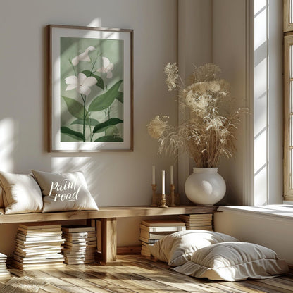 This elegant digital illustration features three white flowers with delicate petals, set against a … for living room