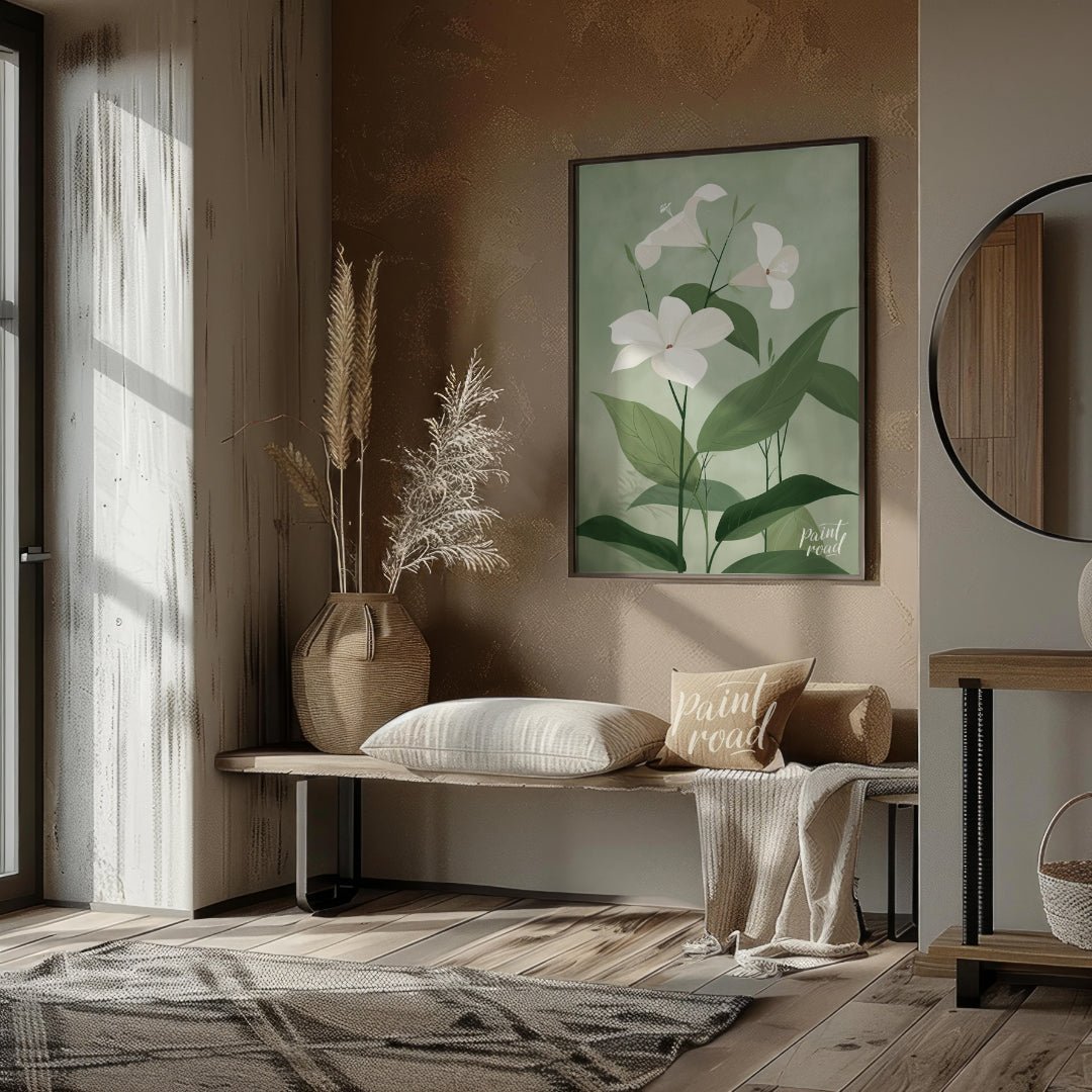 This elegant digital illustration features three white flowers with delicate petals, set against a … for living room
