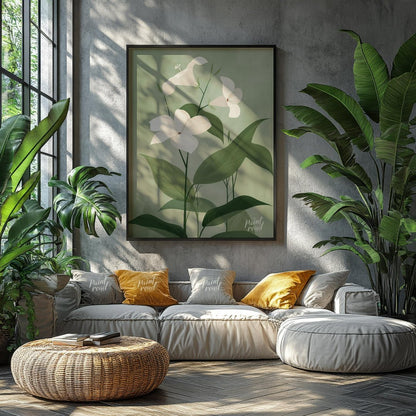 This elegant digital illustration features three white flowers with delicate petals, set against a … for living room