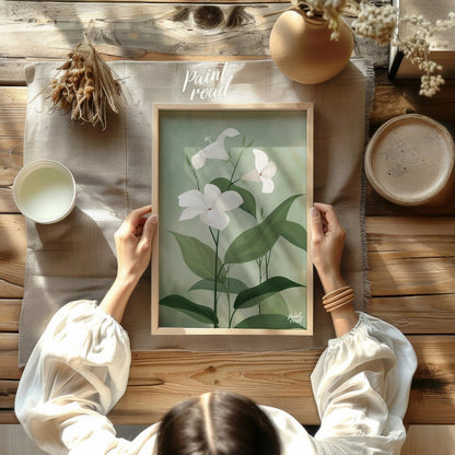This elegant digital illustration features three white flowers with delicate petals, set against a … for other