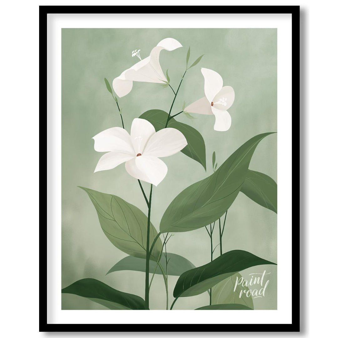 This elegant digital illustration features three white flowers with delicate petals, set against a … for room