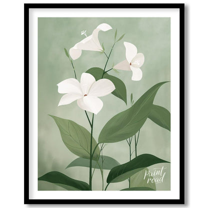 This elegant digital illustration features three white flowers with delicate petals, set against a … for room