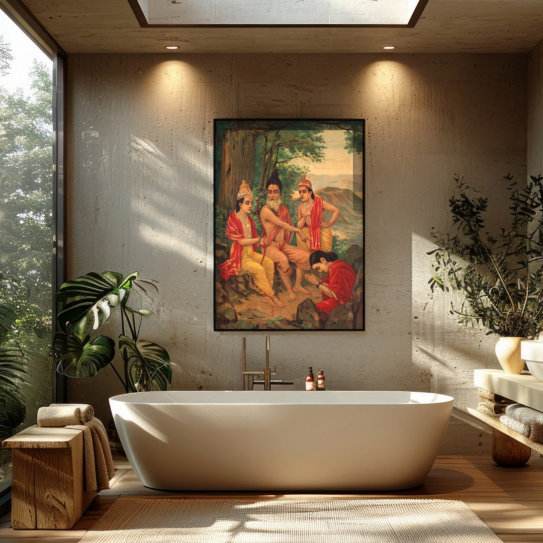 Immerse yourself in a timeless narrative with this captivating artwork depicting a serene gathering for Bathroom