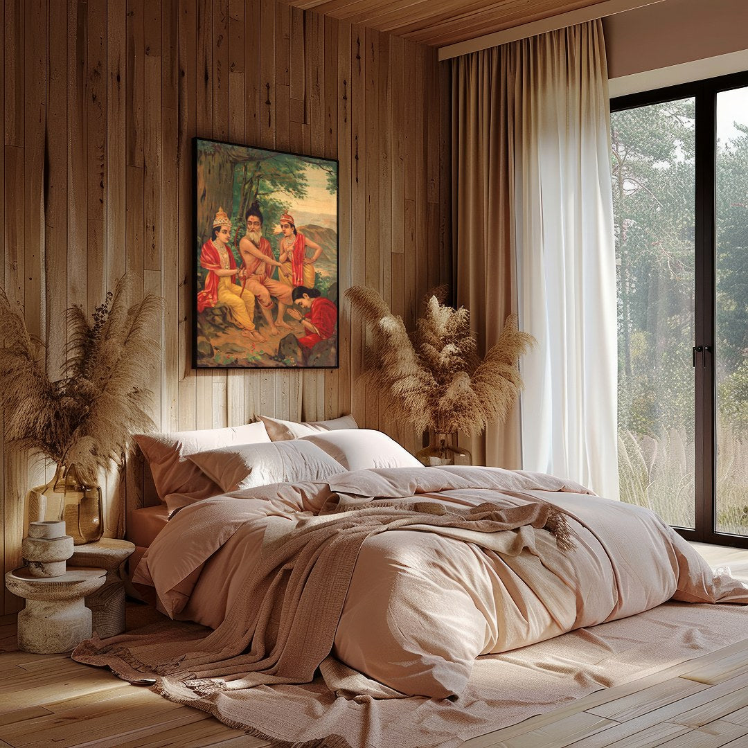 Immerse yourself in a timeless narrative with this captivating artwork depicting a serene gathering for Bedroom