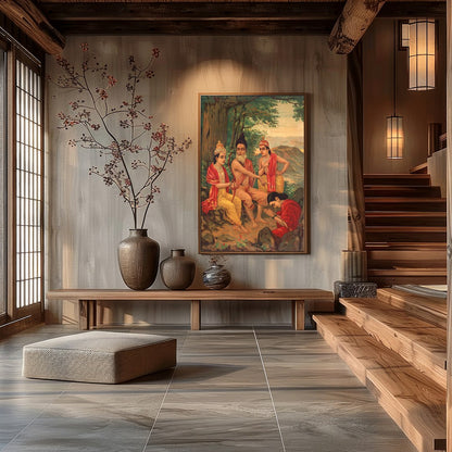 Immerse yourself in a timeless narrative with this captivating artwork depicting a serene gathering for Hall