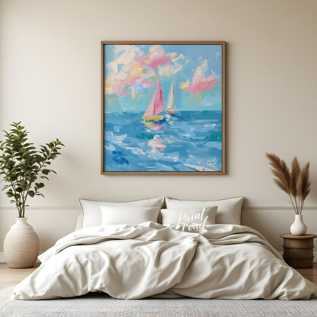 This vibrant painting captures two sailboats gliding across a serene blue sea, beneath a sky filled… for bedroom