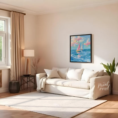 This vibrant painting captures two sailboats gliding across a serene blue sea, beneath a sky filled… for living room