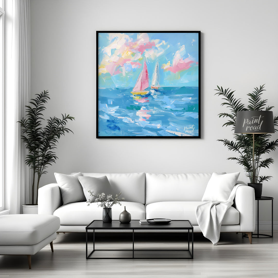 This vibrant painting captures two sailboats gliding across a serene blue sea, beneath a sky filled… for living room
