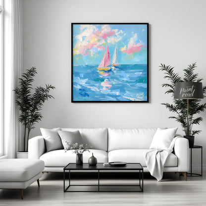 This vibrant painting captures two sailboats gliding across a serene blue sea, beneath a sky filled… for living room
