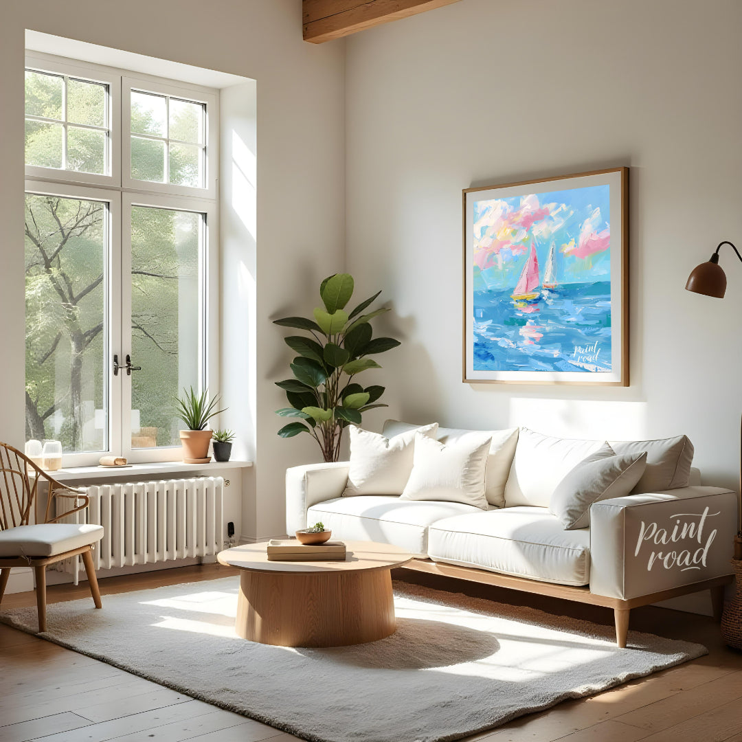 This vibrant painting captures two sailboats gliding across a serene blue sea, beneath a sky filled… for living room