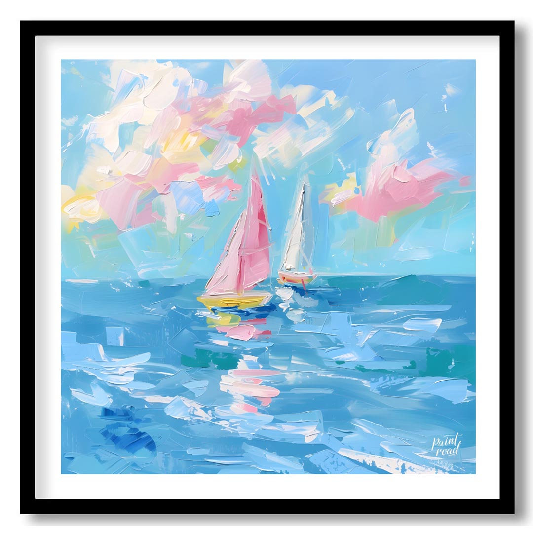 This vibrant painting captures two sailboats gliding across a serene blue sea, beneath a sky filled… for space