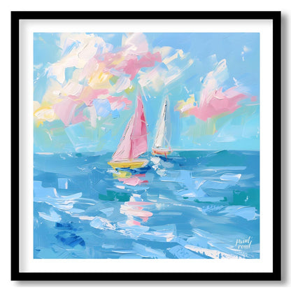 This vibrant painting captures two sailboats gliding across a serene blue sea, beneath a sky filled… for space