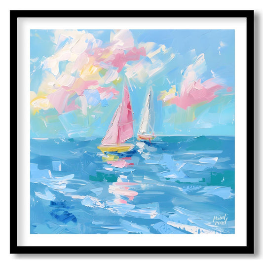 This vibrant painting captures two sailboats gliding across a serene blue sea, beneath a sky filled… for space