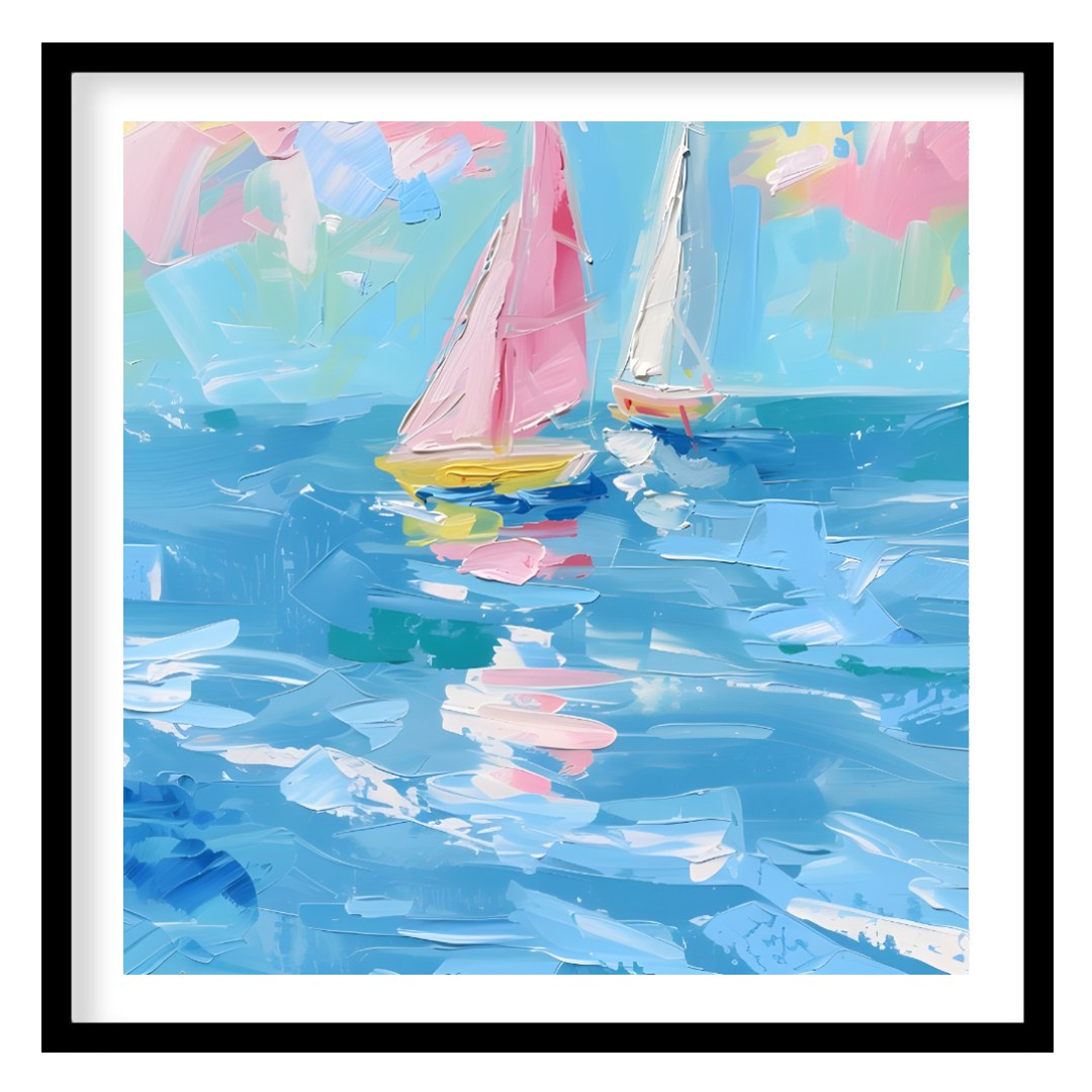 This vibrant painting captures two sailboats gliding across a serene blue sea, beneath a sky filled… for space