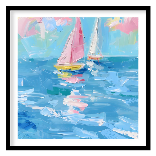 This vibrant painting captures two sailboats gliding across a serene blue sea, beneath a sky filled… for space