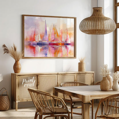 This artwork captures a fleet of sailboats at rest, their tall masts and colorful sails creating a … for dining room