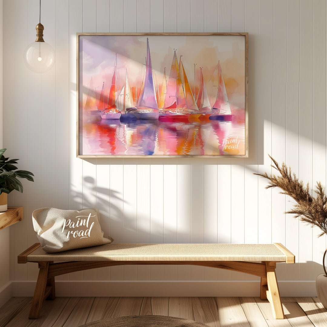 This artwork captures a fleet of sailboats at rest, their tall masts and colorful sails creating a … for entryway