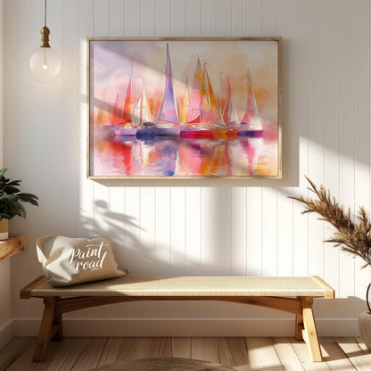 This artwork captures a fleet of sailboats at rest, their tall masts and colorful sails creating a … for entryway