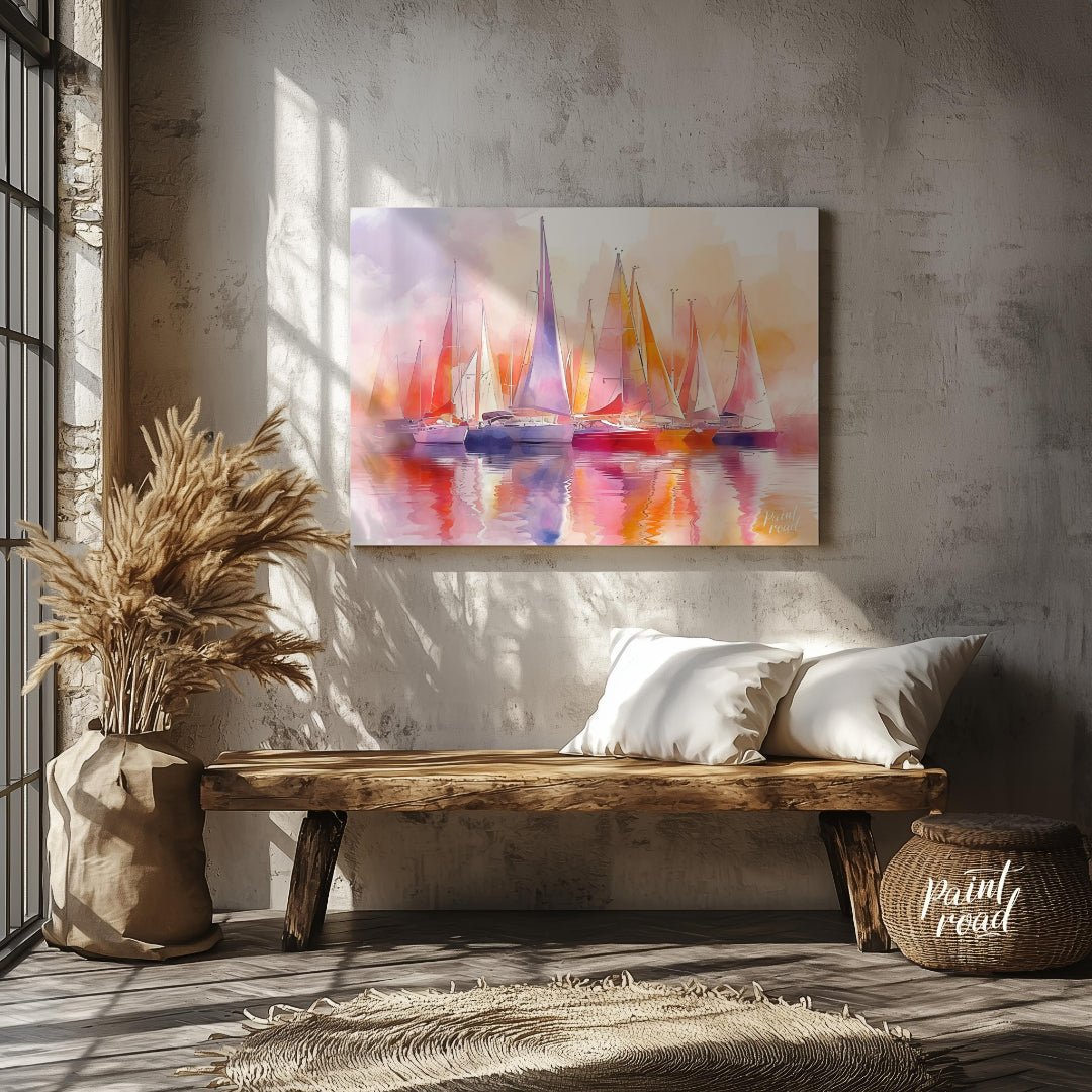 This artwork captures a fleet of sailboats at rest, their tall masts and colorful sails creating a … for entryway