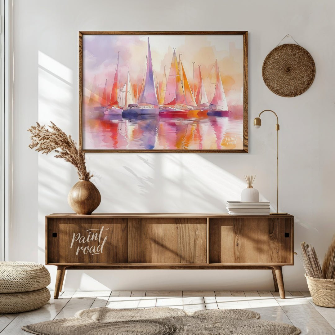 This artwork captures a fleet of sailboats at rest, their tall masts and colorful sails creating a … for living room