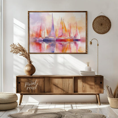 This artwork captures a fleet of sailboats at rest, their tall masts and colorful sails creating a … for living room