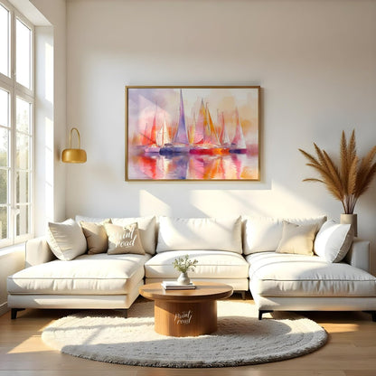 This artwork captures a fleet of sailboats at rest, their tall masts and colorful sails creating a … for living room