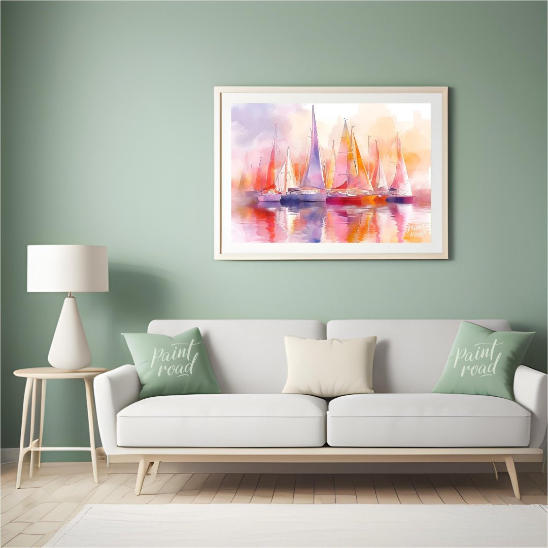 This artwork captures a fleet of sailboats at rest, their tall masts and colorful sails creating a … for living room