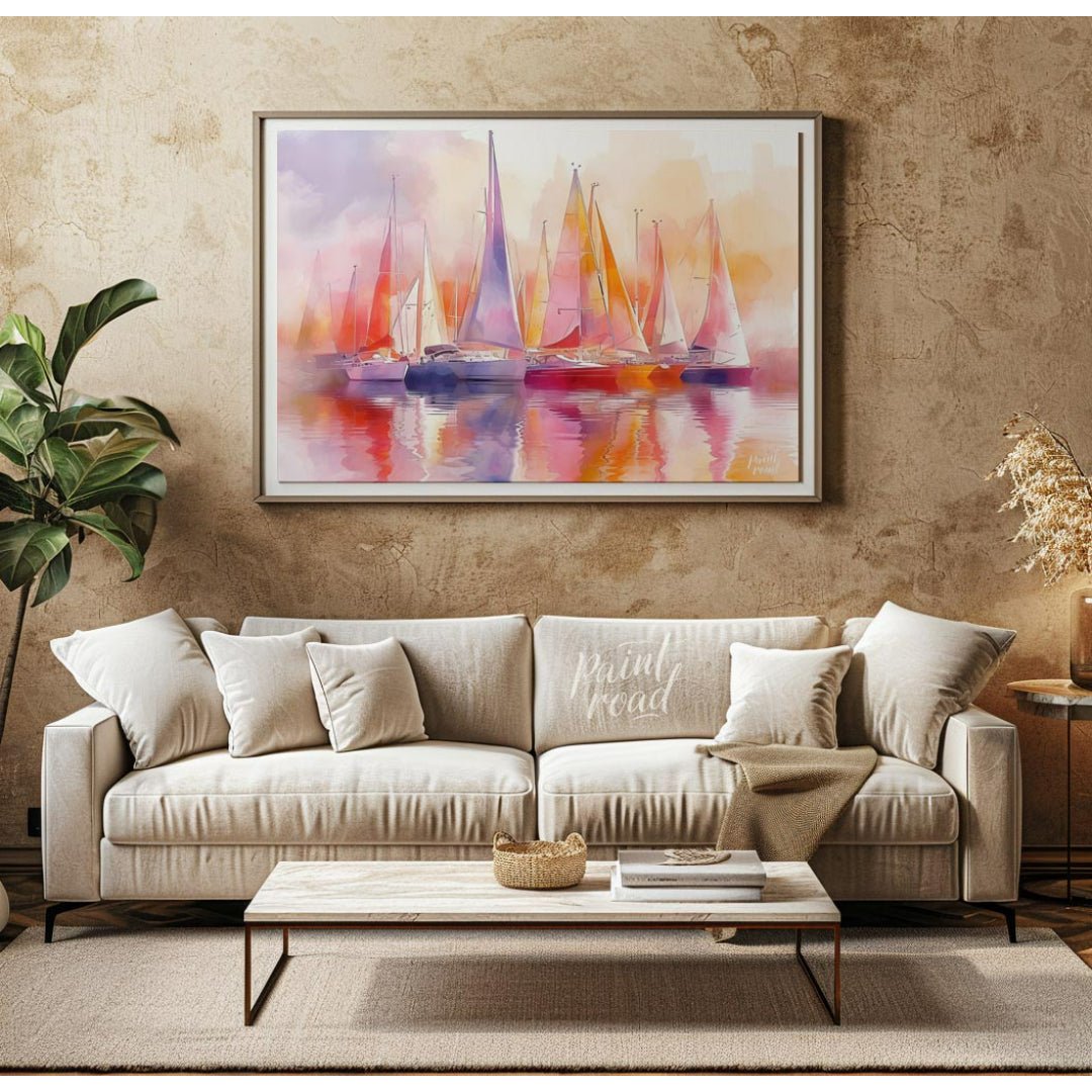 This artwork captures a fleet of sailboats at rest, their tall masts and colorful sails creating a … for living room