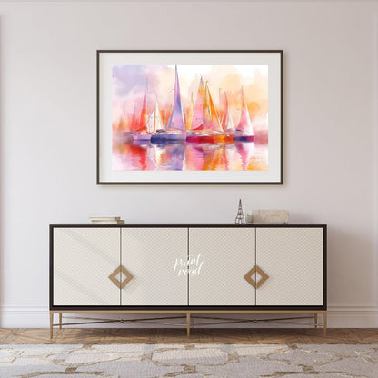 This artwork captures a fleet of sailboats at rest, their tall masts and colorful sails creating a … for living room