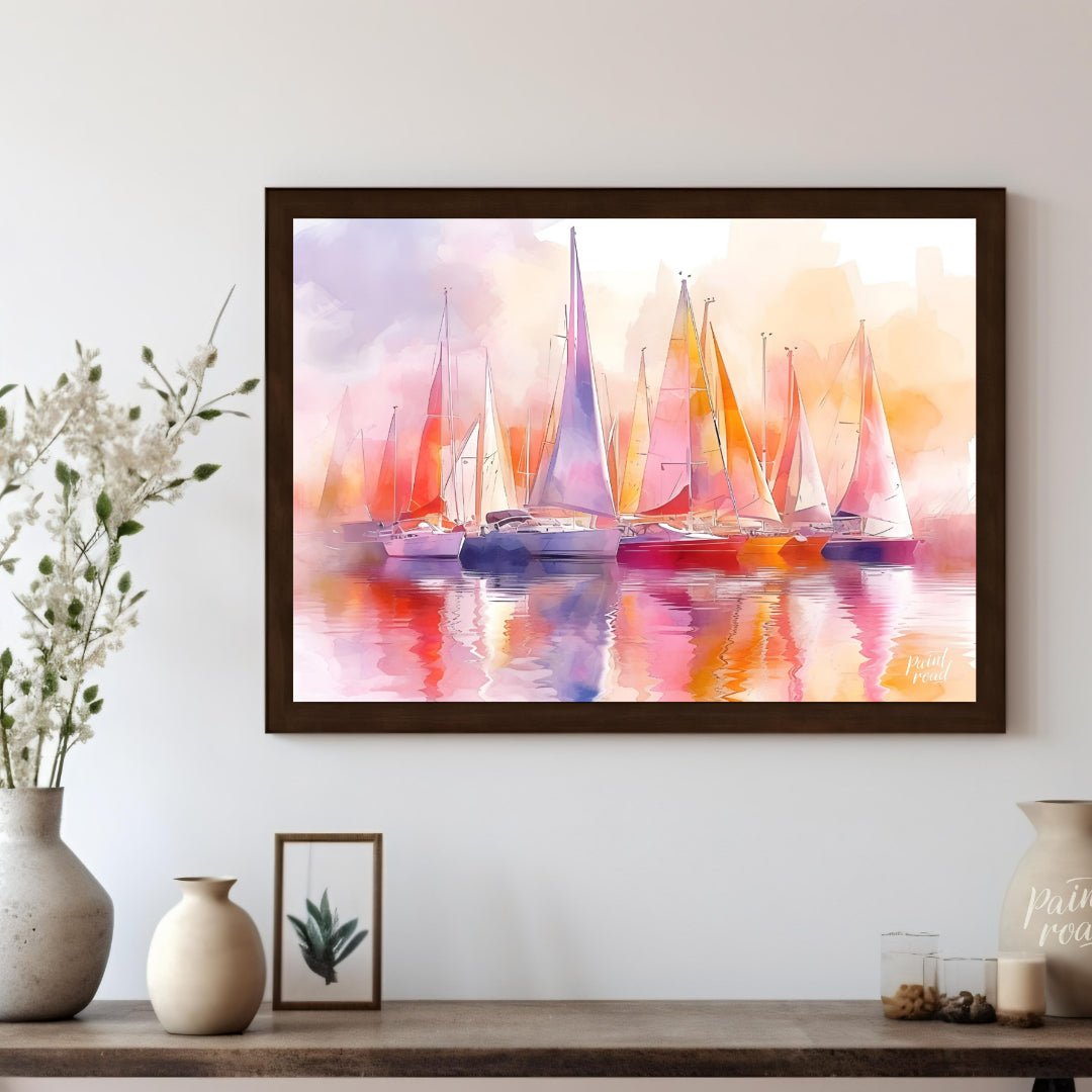 This artwork captures a fleet of sailboats at rest, their tall masts and colorful sails creating a … for living room