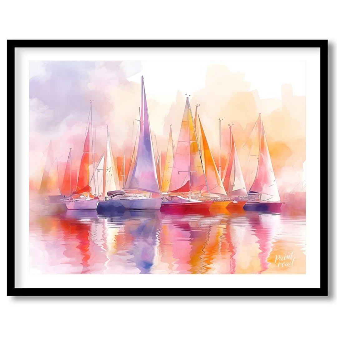 This artwork captures a fleet of sailboats at rest, their tall masts and colorful sails creating a … for place