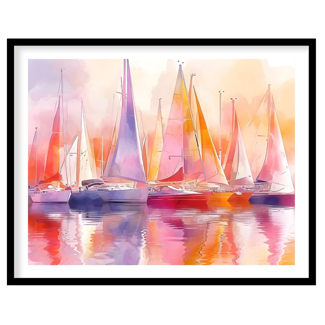 This artwork captures a fleet of sailboats at rest, their tall masts and colorful sails creating a … for place