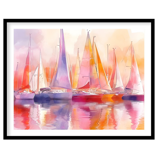 This artwork captures a fleet of sailboats at rest, their tall masts and colorful sails creating a … for place