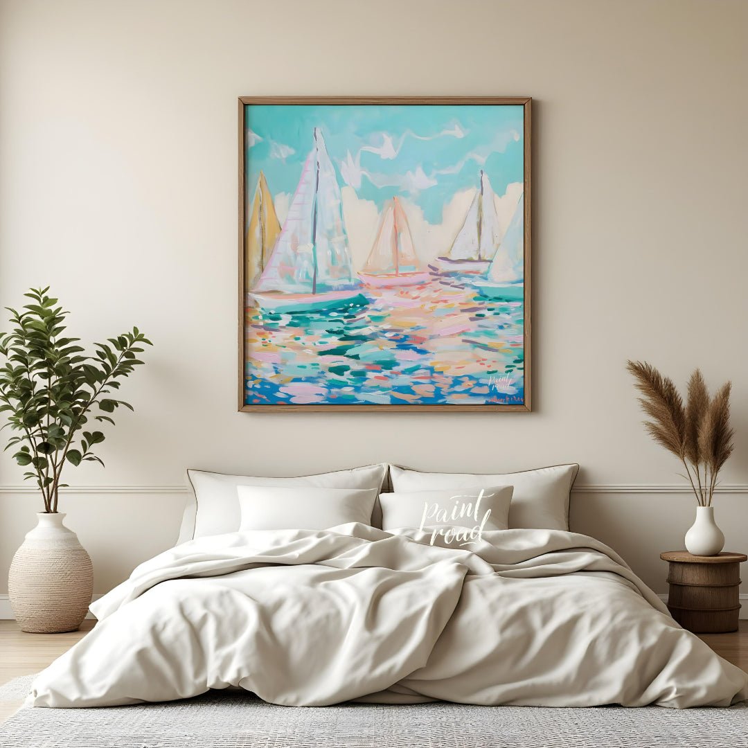 This serene painting captures the beauty of sailboats gliding across a tranquil sea. The artist emp… for bedroom